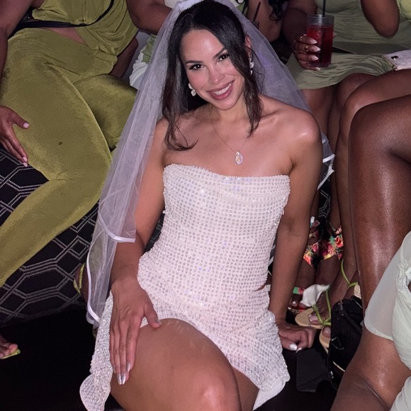 Oh Polly Sybil Embellished Draped Mid-Rise Mini Skirt in White - Picture 6 of 6